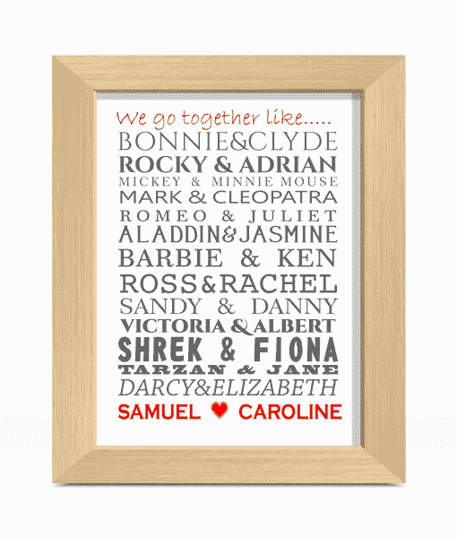 Famous Couples Word Art Print – Celebrate a Love Story Engagement Gifts