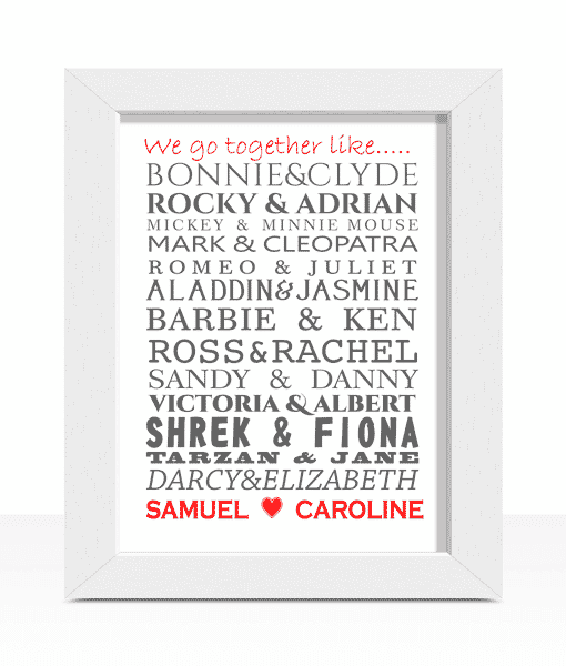 Famous Couples Word Art Print Engagement Gifts