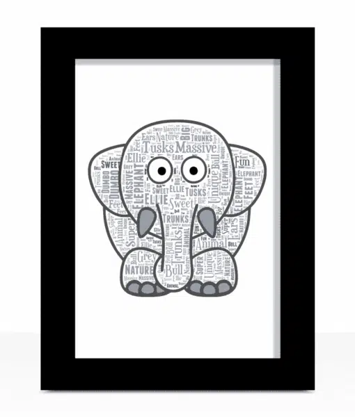 Personalised Cute Elephant – Nursery Word Art Picture Animal Prints
