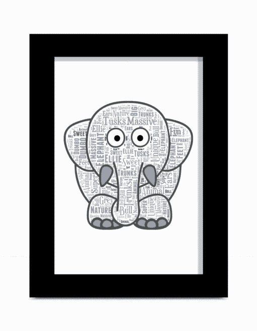 Personalised Cute Elephant – Nursery Word Art Picture Animal Prints