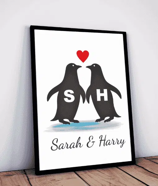 Personalised Love Penguins Print – Lovely Gift for a Couple Anniversary Gifts