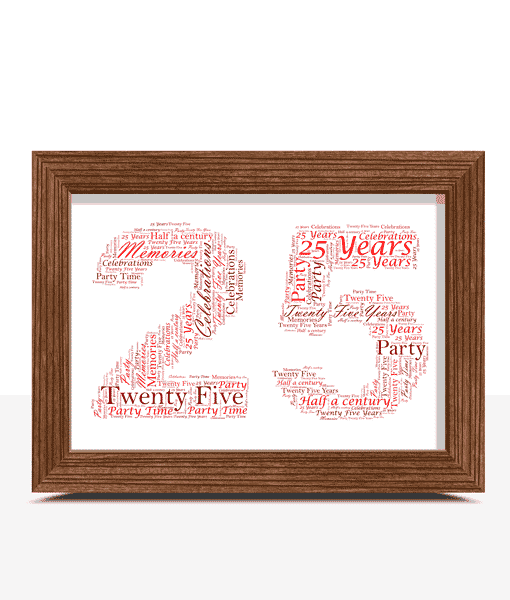 Personalised 25th Birthday Gift Personalised Silver Anniversary Word Art Gift 