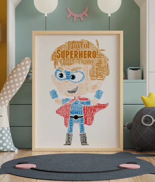 Personalised Boy Superhero Word Art Picture Print Gifts For Children