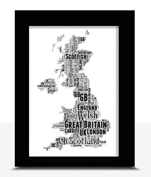 Personalised UK Map Word Wall Art Picture Print Frame Maps