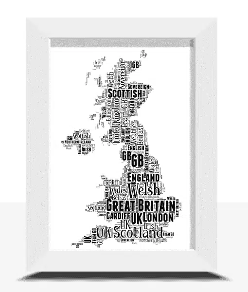 Personalised UK Map Word Wall Art Picture Print Frame Maps