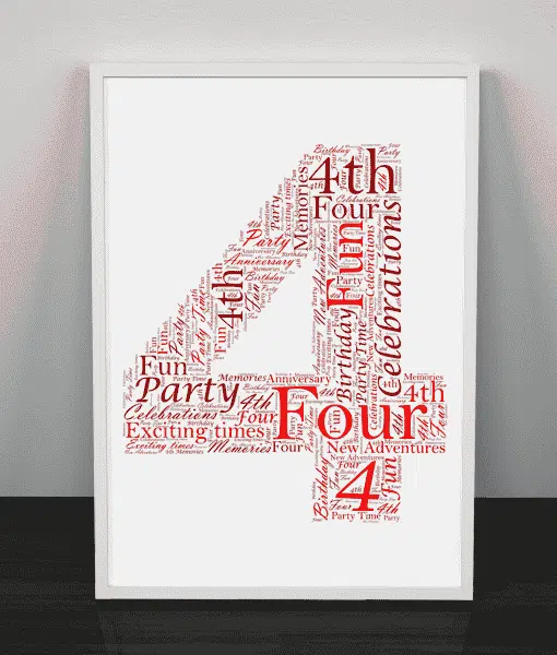 Customised Number 4 Word Art – Birthday or Anniversary Gift Anniversary Gifts