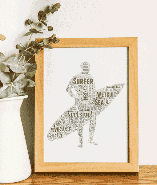 Men’s Personalised Surfing Word Art Print – Gift for Surfers Sport Gifts
