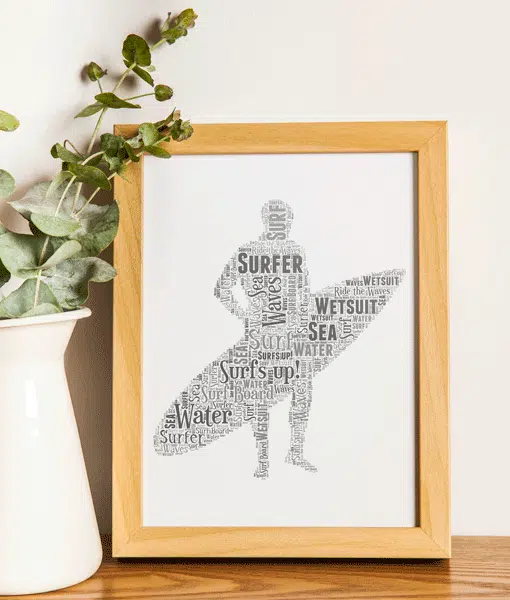 Personalised Male Surfer Word Art Gift Sport Gifts