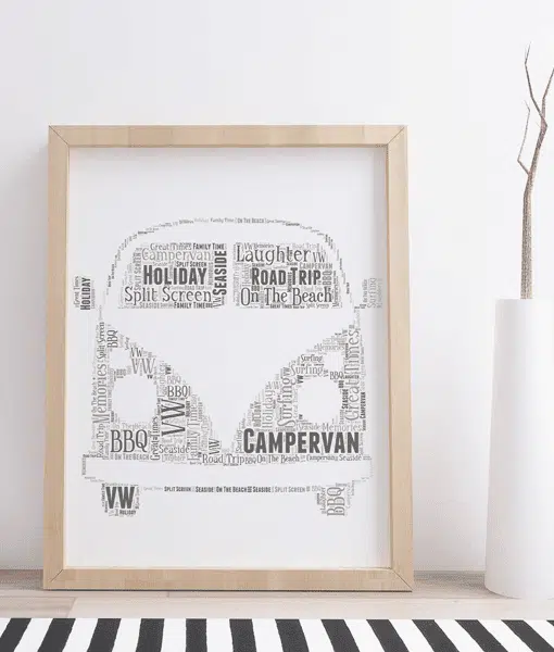 Personalised VW Style Campervan – Front View – Word Art Print Travel