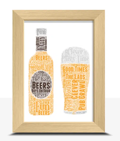 Bottle and Pint Glass Word Art – Personalised Beer Gift Fathers Day Gifts
