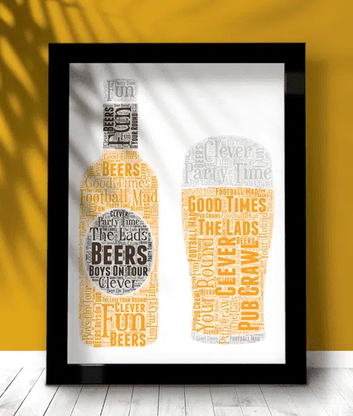 Bottle and Pint Glass Word Art – Personalised Beer Gift Fathers Day Gifts