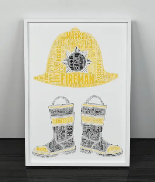 Personalised Fireman Boots + Helmet Word Art Gift