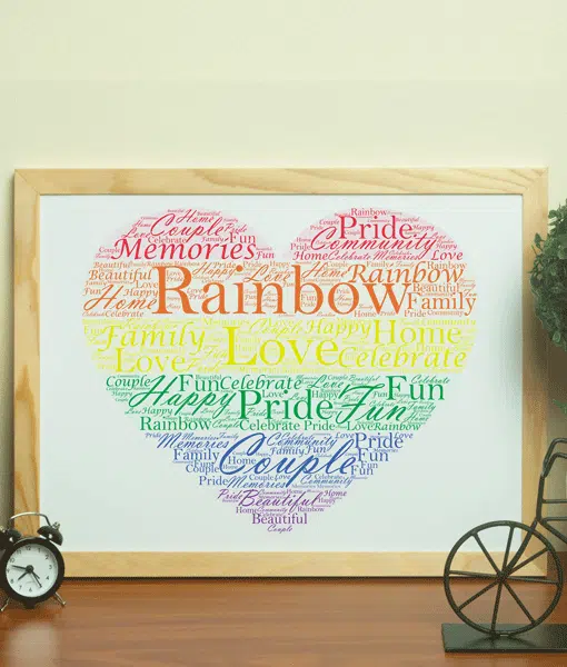 Personalised Rainbow Coloured Heart Word Art Gifts For Couples