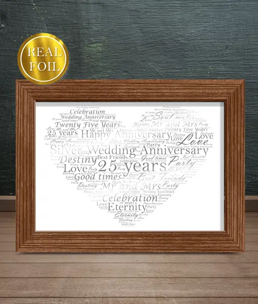 25th Silver Wedding Anniversary Gift – Metallic Foiled Word Art Print Anniversary Gifts