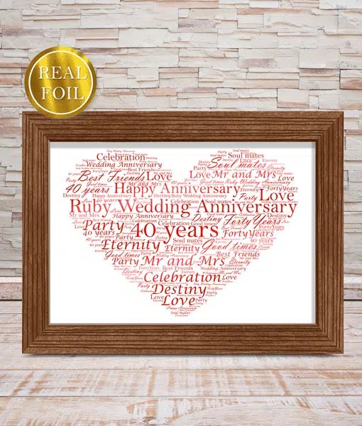 40th Ruby Wedding Anniversary Gift – Metallic Foiled Word Art Print Anniversary Gifts
