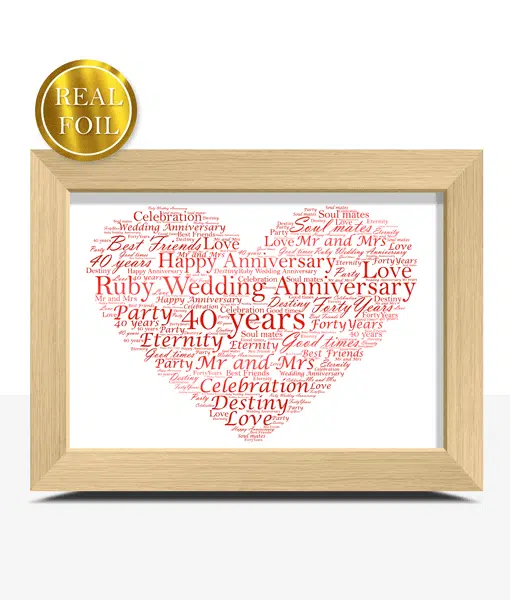 40th Ruby Wedding Anniversary Gift – Metallic Foiled Word Art Print Anniversary Gifts