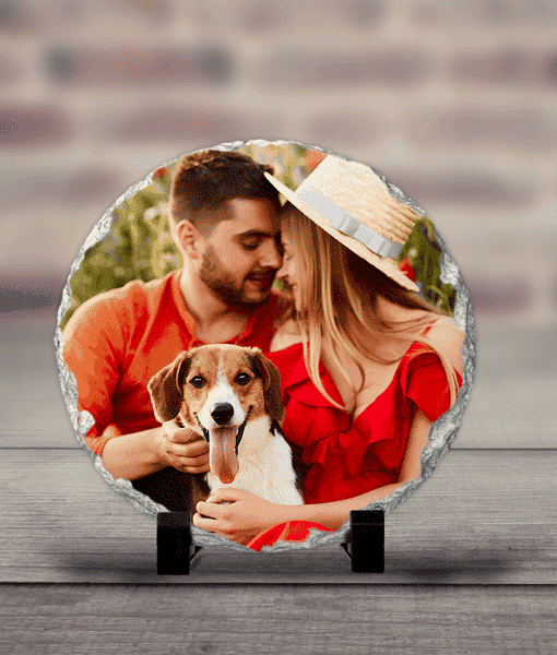 Personalised Round Rock Photo Slate – With Stand Anniversary Gifts