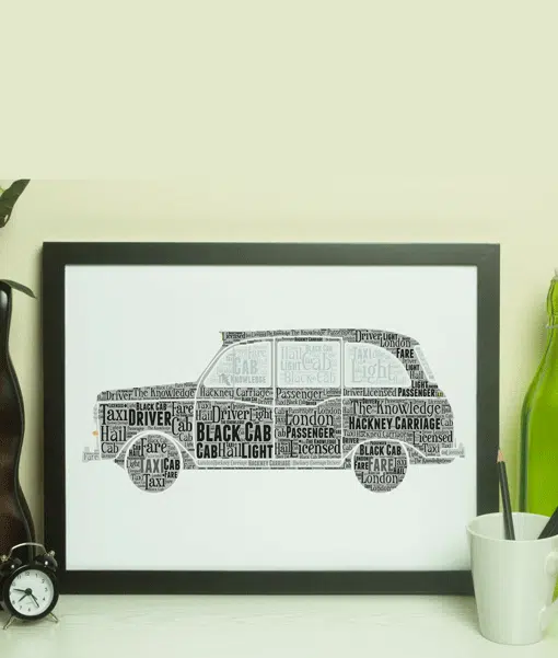 Personalised Black Taxi Cab Word Art Print – Taxi Driver Gift Travel
