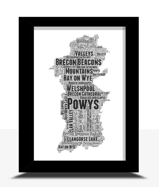 Personalised Word Art Map of Powys Maps