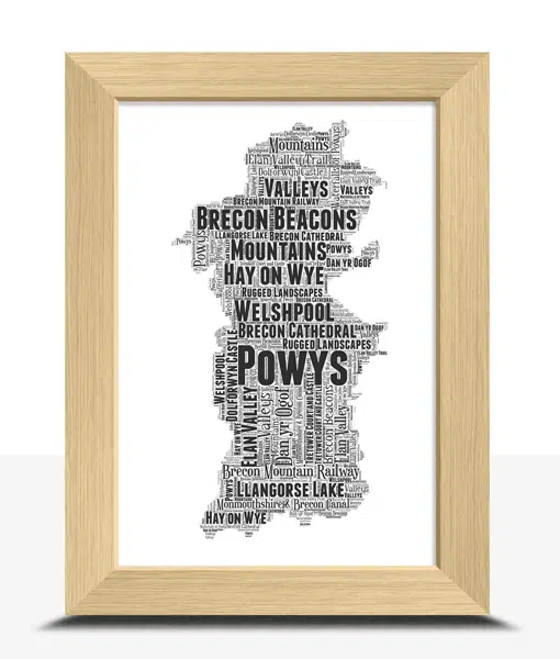 Personalised Word Art Map of Powys Maps