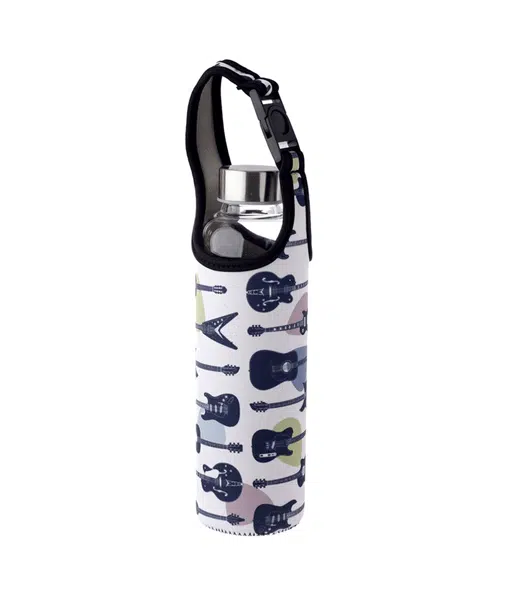 Guitar Glass Water Bottle with Protective Neoprene Sleeve – Reusable
