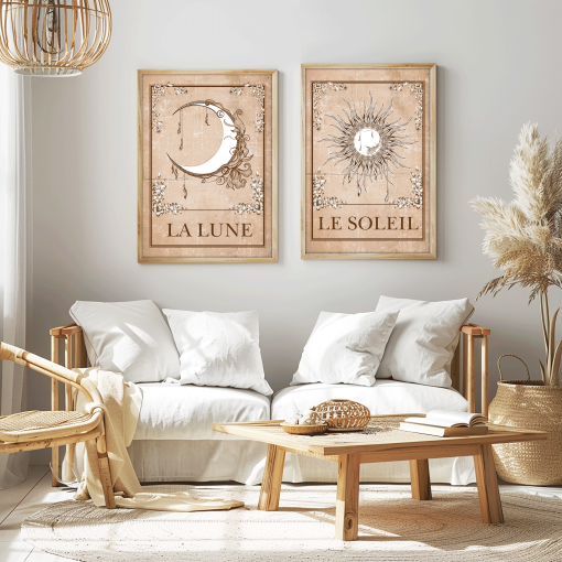 Set of 2 Sun and Moon Wall Art Prints – Tarot Card Picture Art