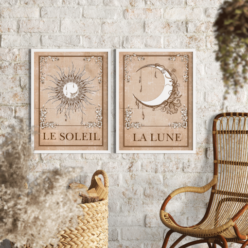 Set of 2 Sun and Moon Wall Art Prints – Tarot Card Picture Art