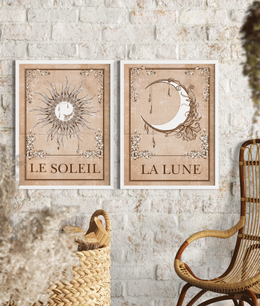 Set of 2 Sun and Moon Wall Art Prints – Tarot Card Picture Art