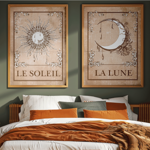 Set of 2 Sun and Moon Wall Art Prints – Tarot Card Picture Art