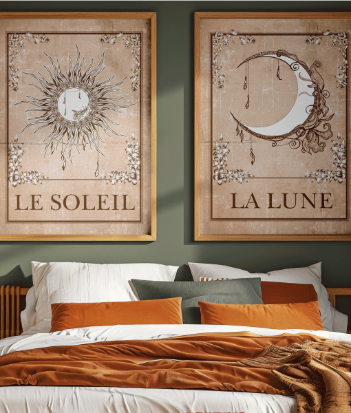 Set of 2 Sun and Moon Wall Art Prints – Tarot Card Picture Art