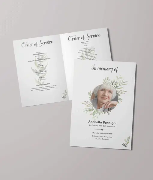 Green Floral Design – 4 Page – Funeral Order of Service With Photo