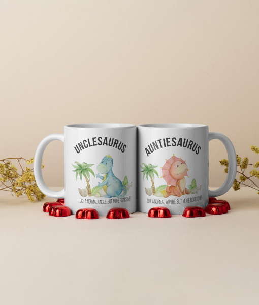 Pair of Personalised Auntie and Uncle Gift Mugs – Auntiesaurus and Unclesaurus Auntie