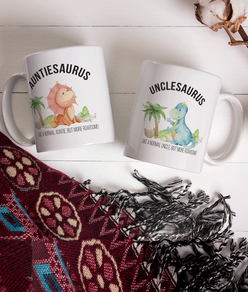 Pair of Auntie and Uncle Gift Mugs – Auntiesaurus and Unclesaurus Auntie