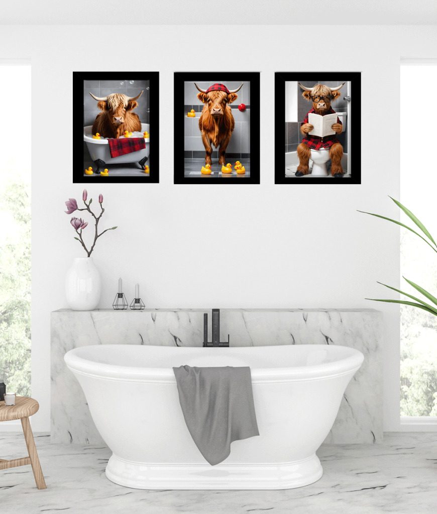 Highland Cow Bathroom Pictures – The Full Set Animal Prints