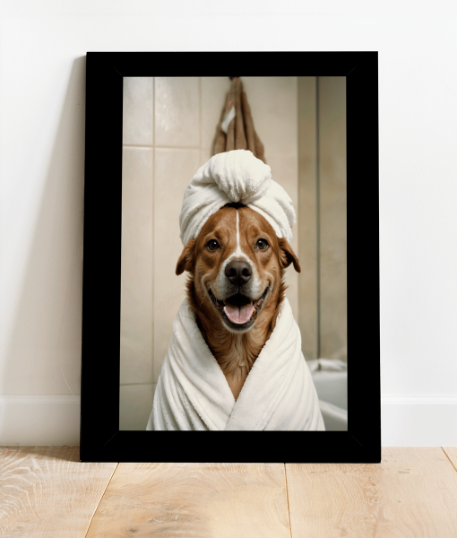 Funny Dog Bathroom Picture – Dog In A Bath Robe Animal Prints